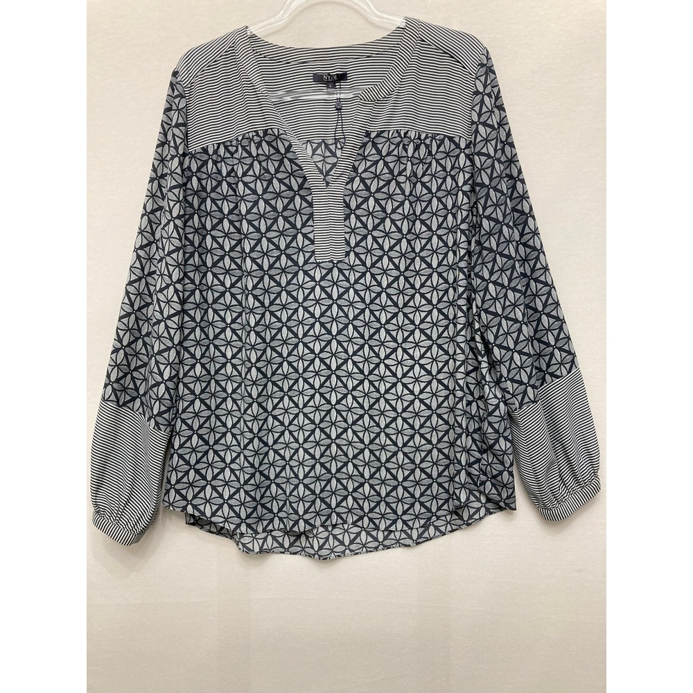 NYDJ Blouse Large Black Mixed Print Geometric Long Sleeve Preppy Office